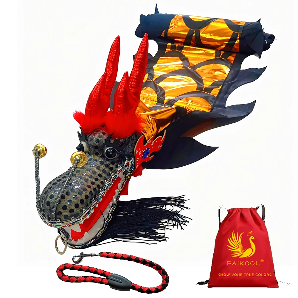 Lightweight Black Dragon Poi Set with 200g Head Rope and Carry Bag for Beginners, Golden Black Flowy Dragon Ribbon Streamer Set