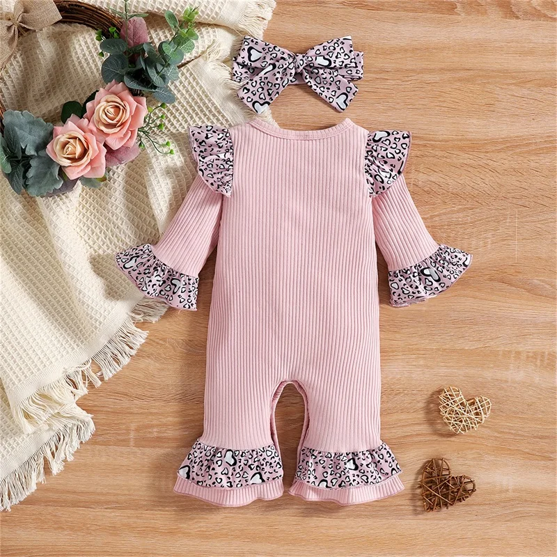 Newborn Baby Girl Romper Long Sleeve Letter Printed Leopard Jumpsuit Infant Outfits Ruffle Bodysuit Kids Spring Fall Clothes