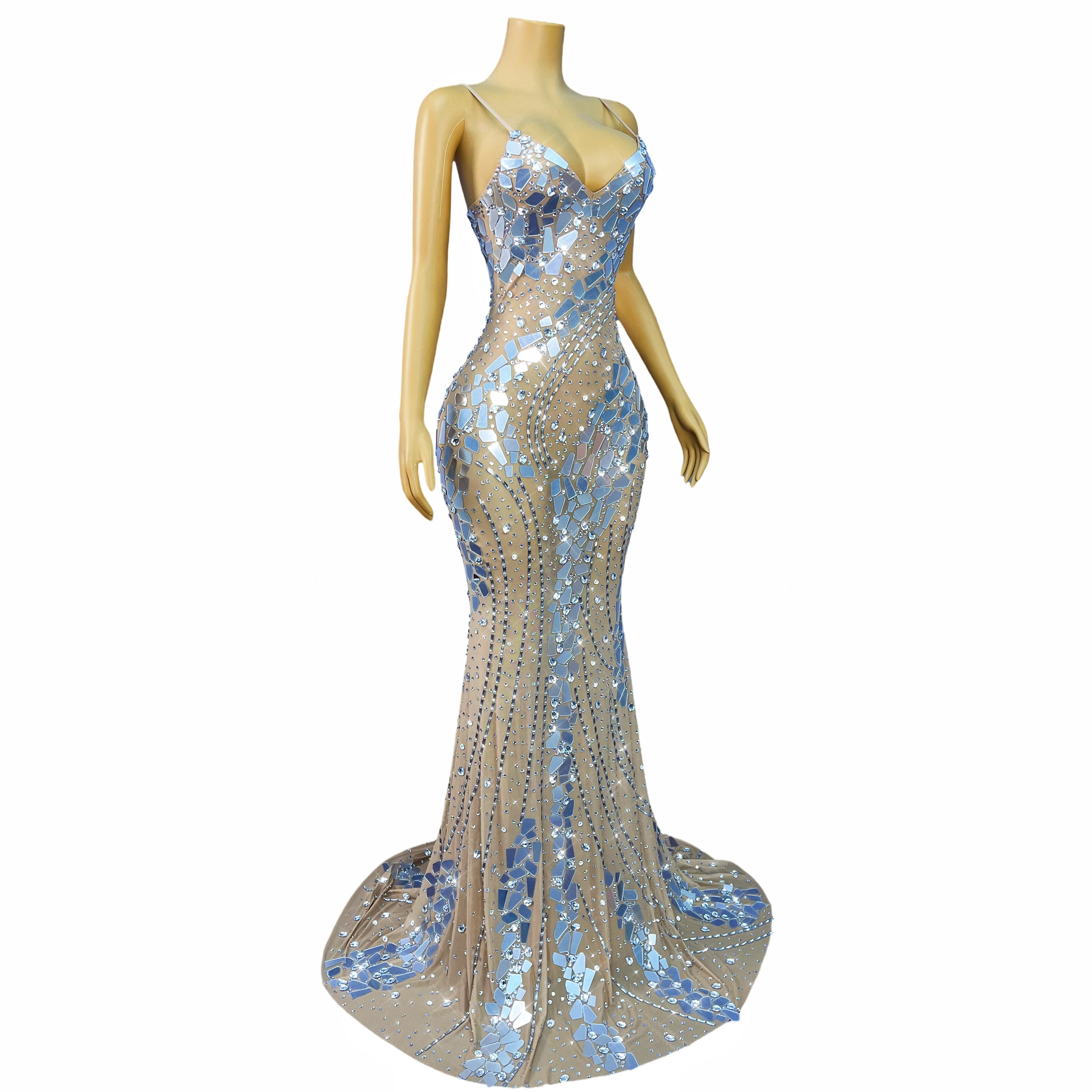 Espejos plateados parpadeantes de alta gama, tirantes de diamantes de imitación, vestido de cola, vestido de fiesta de noche, alfombra roja, traje de escenario para espectáculo Jinyinpian