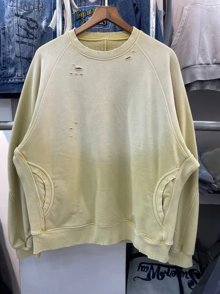 

Retro American Waed Hole round Ne Sweatirt Men's Trendy Heavyweight Pure Cotton Long Sve Top Casual Comfortable