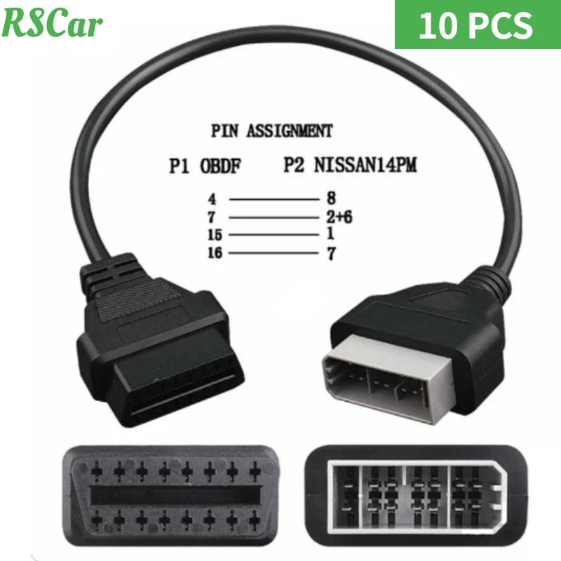 10pcs Latest for Nissan 14 Pin OBD1 To 16 Pin OBD2 for Nissan Cable Car Diagnostic Connector 14Pin OBDII Adapter Connection Line