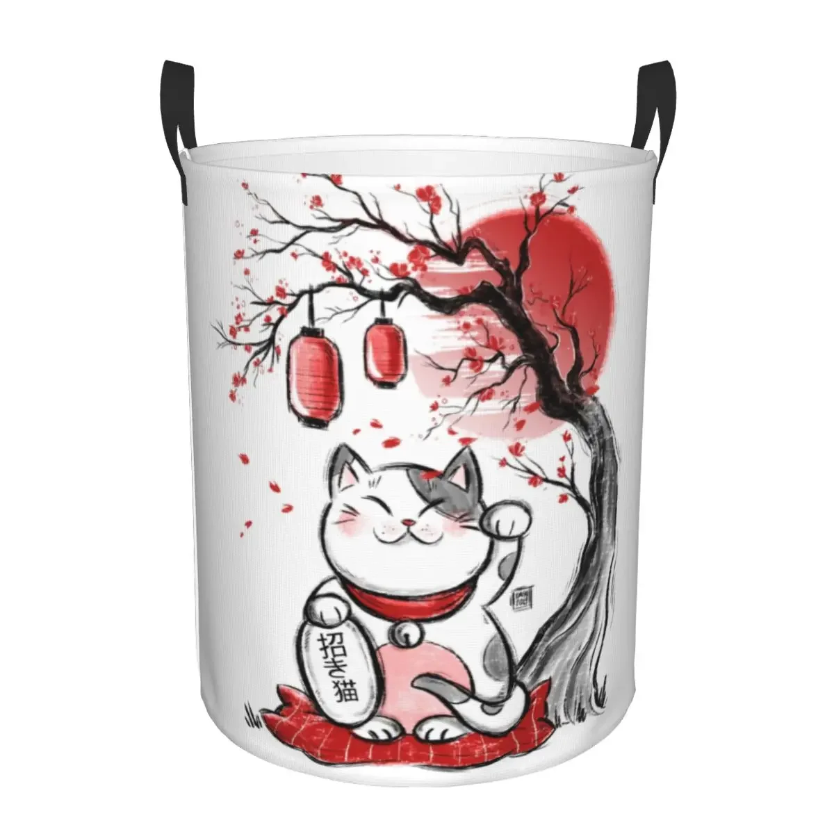 Maneki Neko Sakura Flowers Laundry Basket Foldable Large Capacity Clothing Storage Bin Lucky Cat Cherry Blossom Hamper