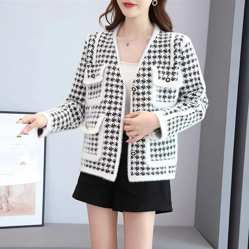 UHYTGF qualità imitazione visone velluto giacca di lana donna moda doppia tasca Cardigan lavorato a maglia cappotti autunnali Plaid femminile top 2176