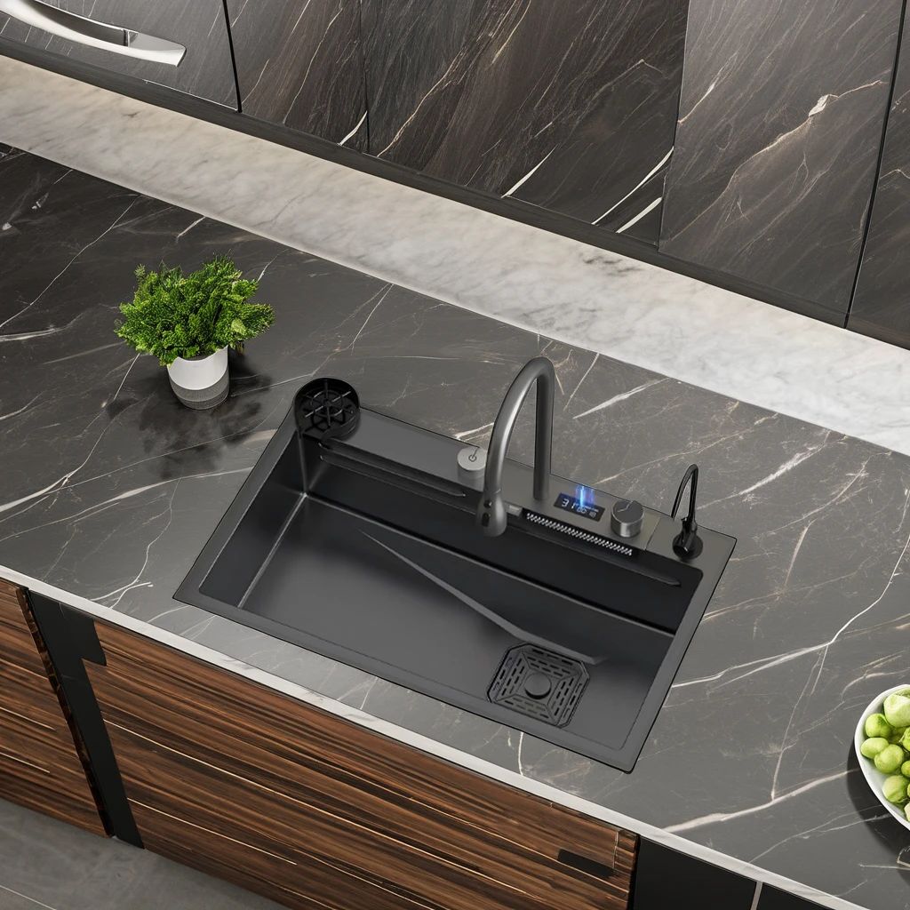 Sink,Luxury Handmade Modern Design Multifunctional Stainless Steel Kitchen Sink With Waterfall Single Bowl And Cup Wash Accessor