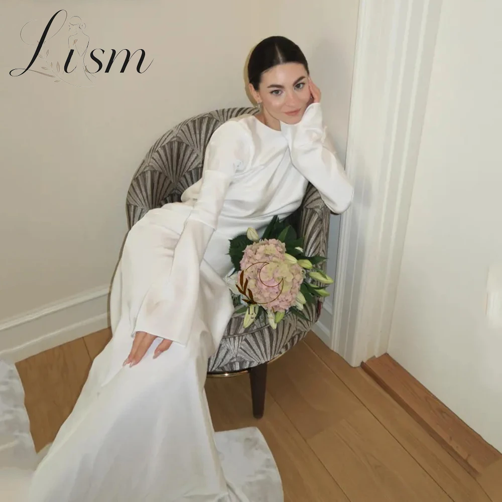 Lism Gorgeous High Quality Simple Wedding Dresses Backless Long Sleeves Satin Bridal Gown Court Train vestido de noiva Customize