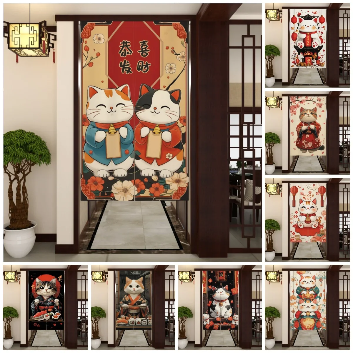 Japanese Lucky Cat Door Curtain Izakaya Dining Room Partition Linen Doorway Curtains Kitchen Entrance Split Hanging Half Curtain