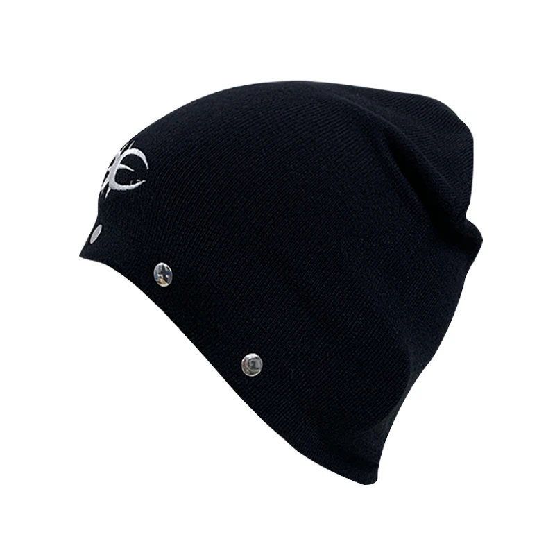 Men's Y2K Streetwear Beanie Black Knit Hat with Rivet & Embroidered Graphic Gothic Hip Hop Slouchy Skull Cap OneSize