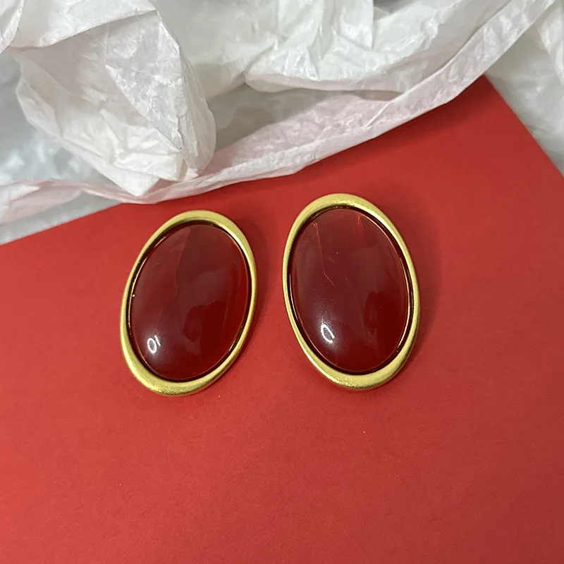 HUANQI Vintage Red and Black Oval Resin Earrings for Women Girls Fashionable Personalized Exaggerated Jewelry Metal Gifts