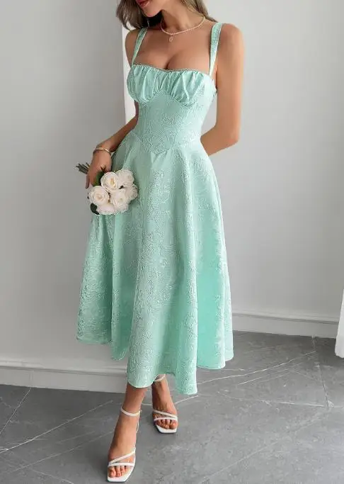 

French Dress Woman Summer Elegant Temperament Y2K Jacquard Long Skirt Square Collar Waist Tie A-Line Solid Color Suspender Dress