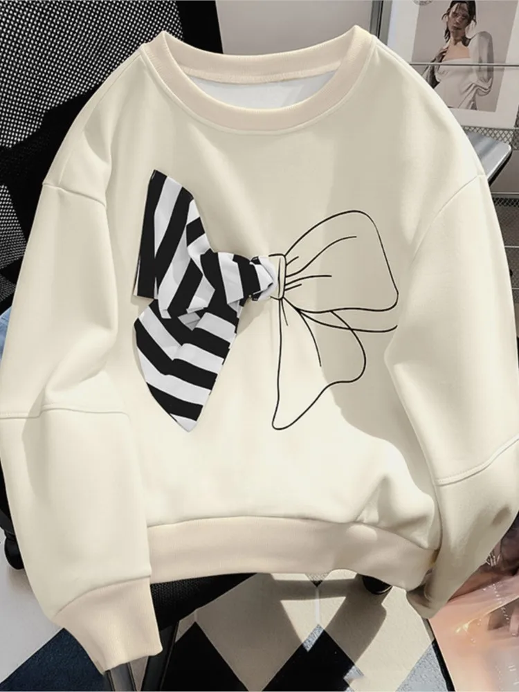 甘いラウンドネックストライプ立体リボン装飾スウェットシャツ女性用オールマッチ通勤シンプルスタイルカジュアルルーズ