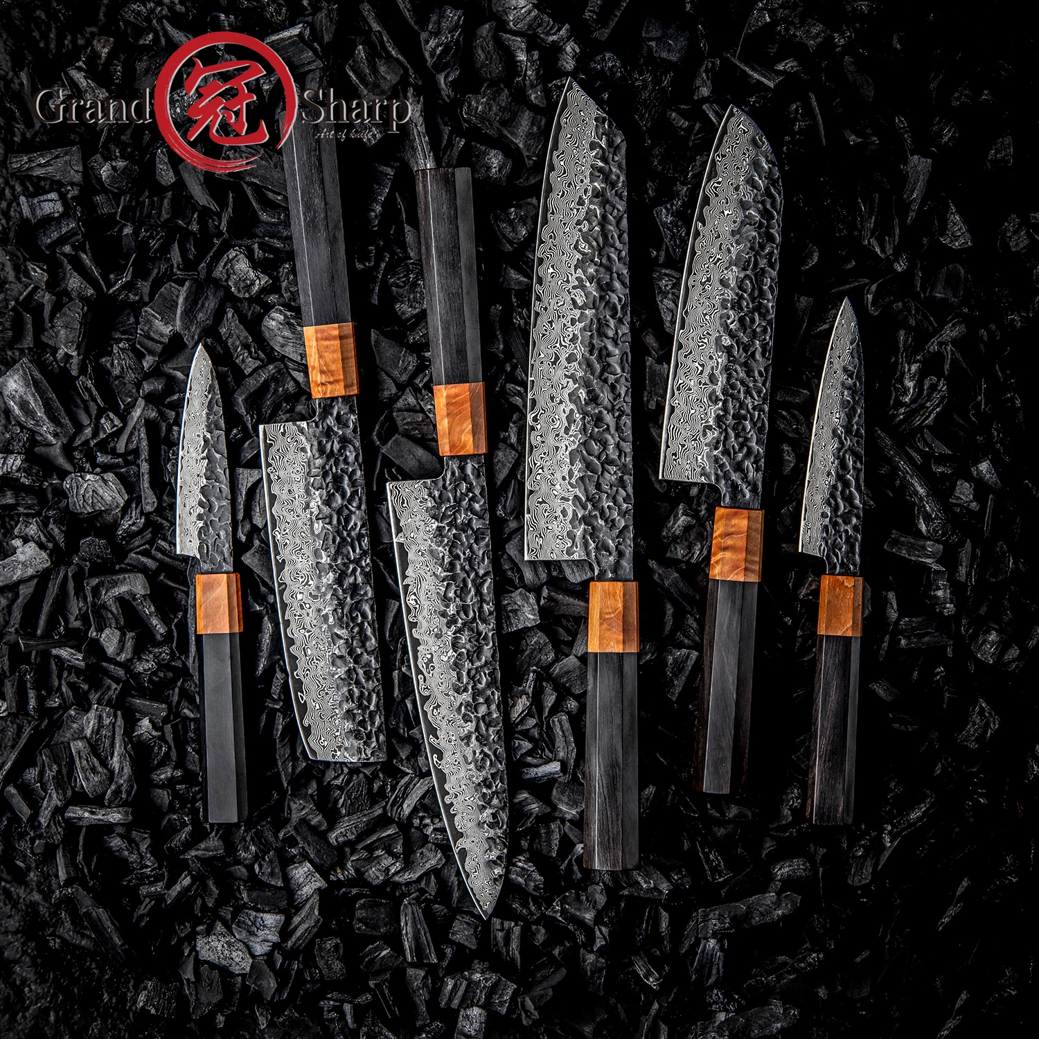 Grandsharp 1-6PCS Kitchen Knife Set 67 Layers 10Cr15MoV Core Damascus Steel Hammered Blade Ebony Wood Handle Chef Knives