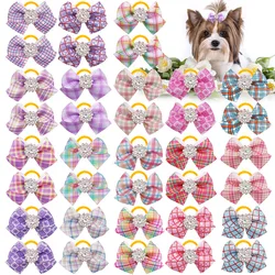 30PCS Handmade Pet Bow With Rubber Band Movable Dog Bow Band Drill Hair Accessories Plaid Pattern Pet Dog Grooming Accessories