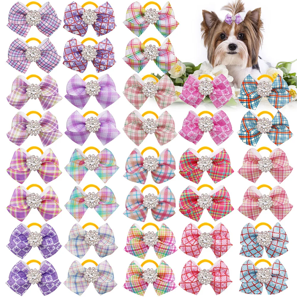 30PCS Handmade Pet Bow With Rubber Band Movable Dog Bow Band Drill Hair Accessories Plaid Pattern Pet Dog Grooming Accessories