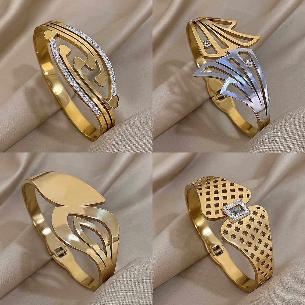 AENSOA Chunky 스테인레스 스틸 곡선 잎 트위스트 와이드 오픈 팔찌 팔찌 여성을위한 독특한 기하학 골드 도금 손목 쥬얼리