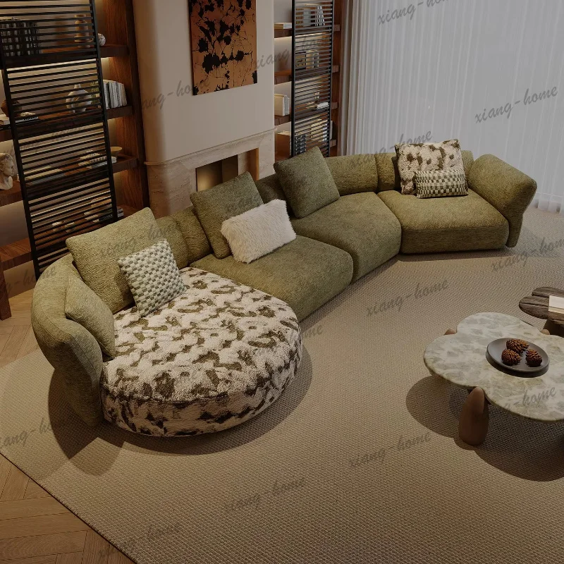 PG Three Tone Modular Sofa Ivory Olive And Sand Tufted Upholstery Curved End Module Bolster Pillow For Living Room Villa Bedroom