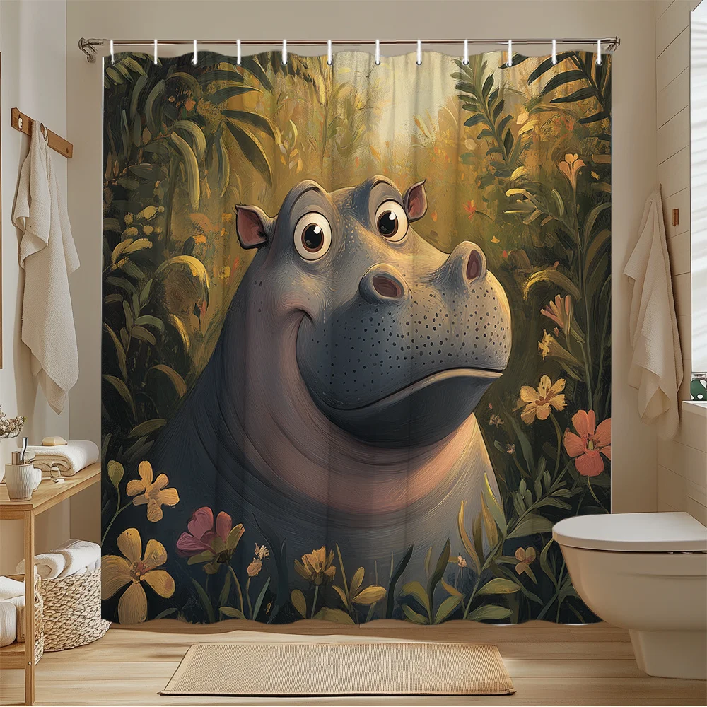 Cute Hippo Jungle Shower Curtain Waterproof Bathroom Decor Tropical Animal Print Shower Curtain for Kids Bathroom