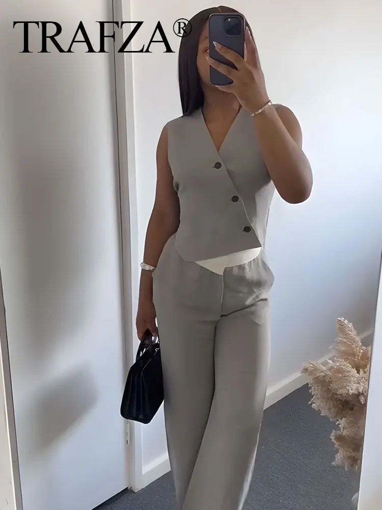 TRAFZA Spring Female Trouser Set Solid Asymmetric Sleeveless Vest Top + Casual High Waist Loose Woman Wide Leg Long Pant Street