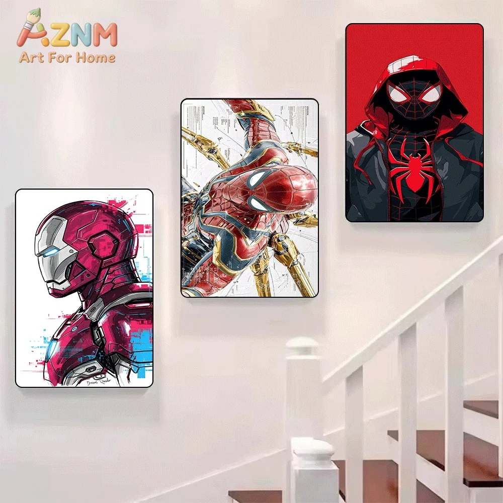 Iron Man Spider‑Man Marvel Superhero Canvas Wall Art Miles Morales Newspaper Comic Pop Style Unframed Canvas Print for Boys Bedr - view 5