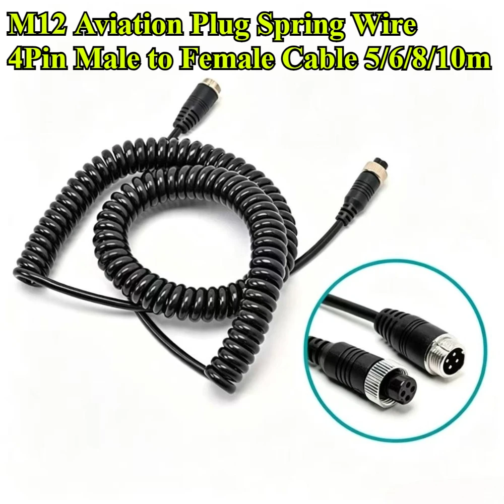 M12 Aviation Plug Spring Wire For Truck Camera Reverse Image 4Pin Male Female Double Shielding Aviation Extension Cable 5M-10M