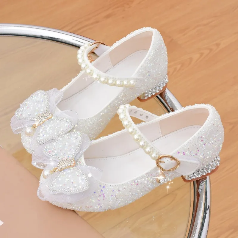 Girls' Water Diamond Bow Princess Shoe2026New Style One Belt Kid's Elegant Glitter Dress Performance High Heeled Leather Shoe