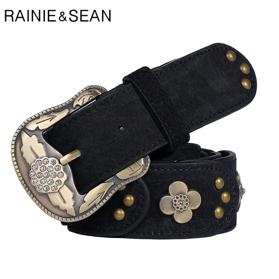 

RAINIE SEAN Womens Belts Genuine Leather Pigskin Cow Belt Patchwork Rhinestone Vintage Rivet Alloy Pin Buckle Belt Female Black