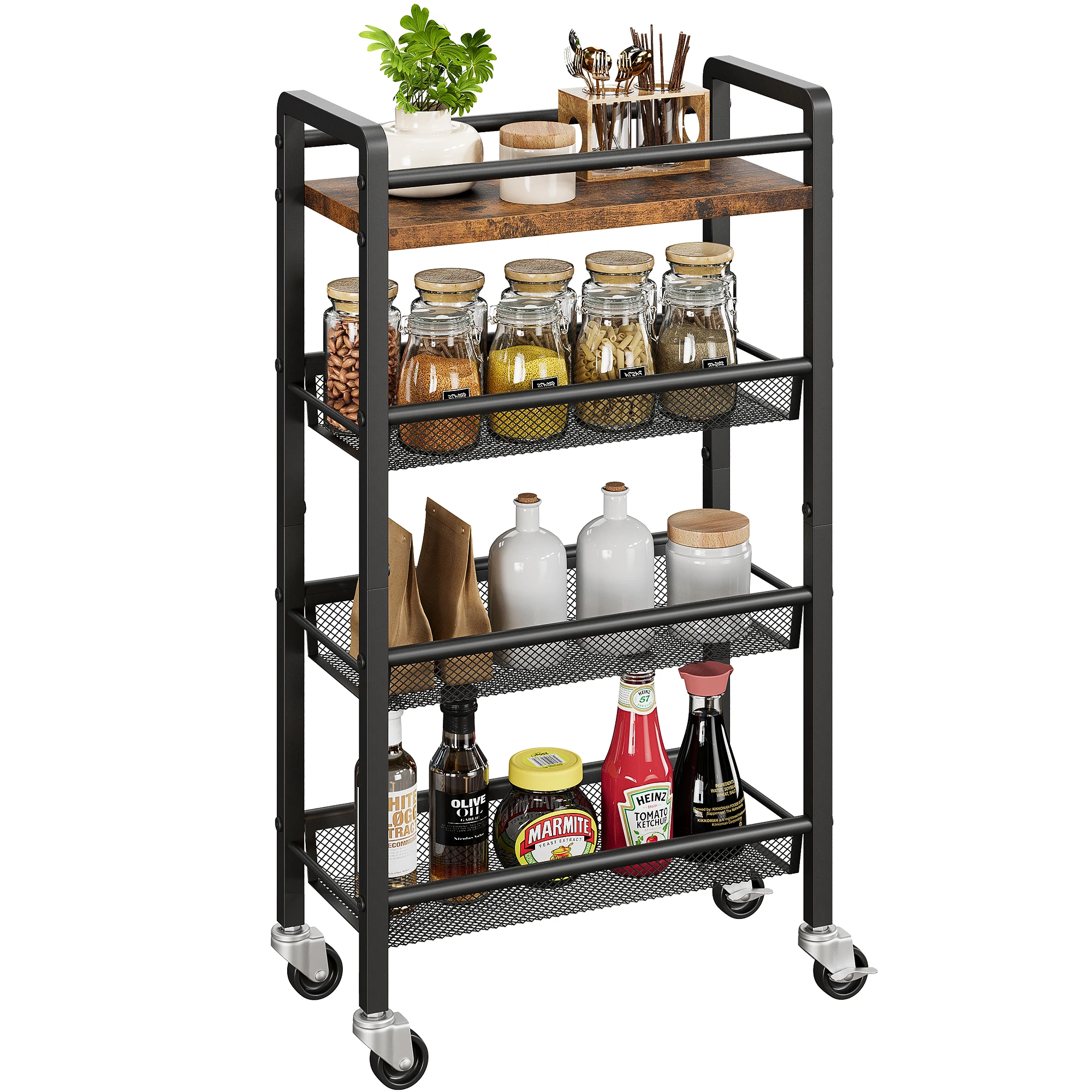 

4 Tier 7.9'' Wide Vintage Slim Rolling Storage Cart, Kitchen Cart with Wheels, Mobile Skinny Shelf for Small Spaces