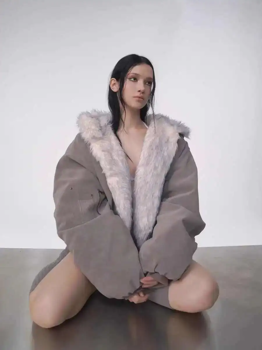 Winter American Retro Fur Coat Women Padded Hooded Cotton-Padded Jacket Plush Casual Street Gothic Harajuku Oversize Coat