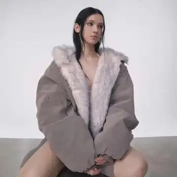 מעיל פוך אמריקאי רטרו לנשים עם כובע מרופד, ג'קט מרופד בכותנה...