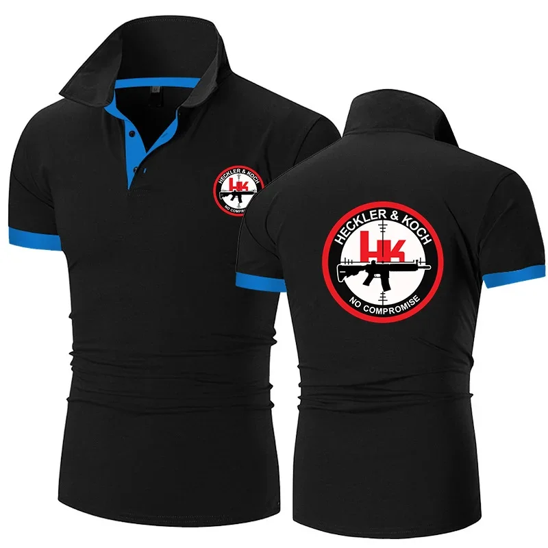 HK Heckler Koch Firearms No Compromise Logo Print Summer Mens Fashion Lapel Collar Anti-Pilling Design Popular Cotton Polo Shirt