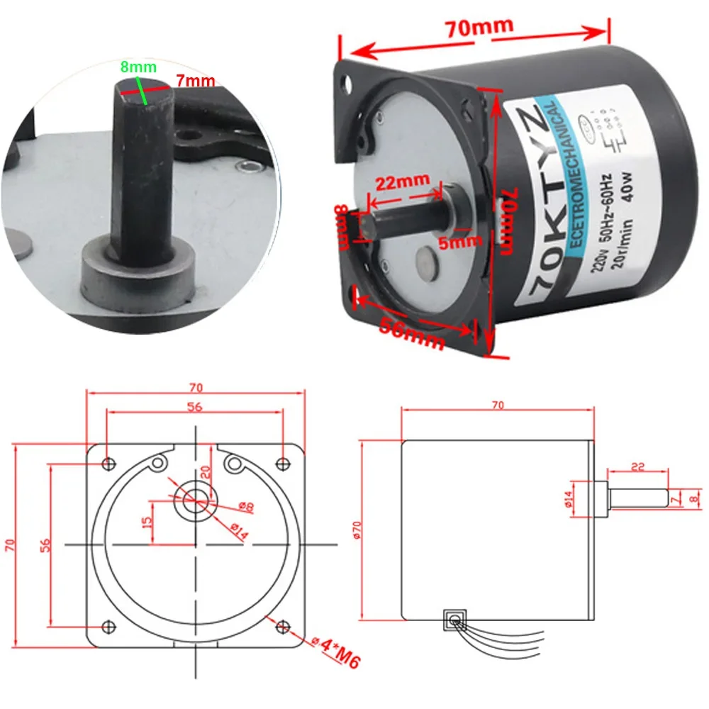 160KG 70KTYZ 40W AC220V AC Permanent Magnet Synchronous Motor CW/CCW Low Speed Motor 2.5/5/10/15/20/30/50/60/80/110rpm