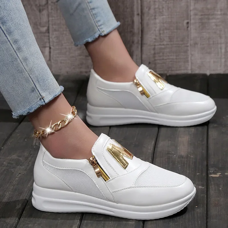 2021 Women Flats Platform Shoes Women Elegant Genuine PU Shoes Woman Spring Casual Zipper Flat Women Non Slip Shoes