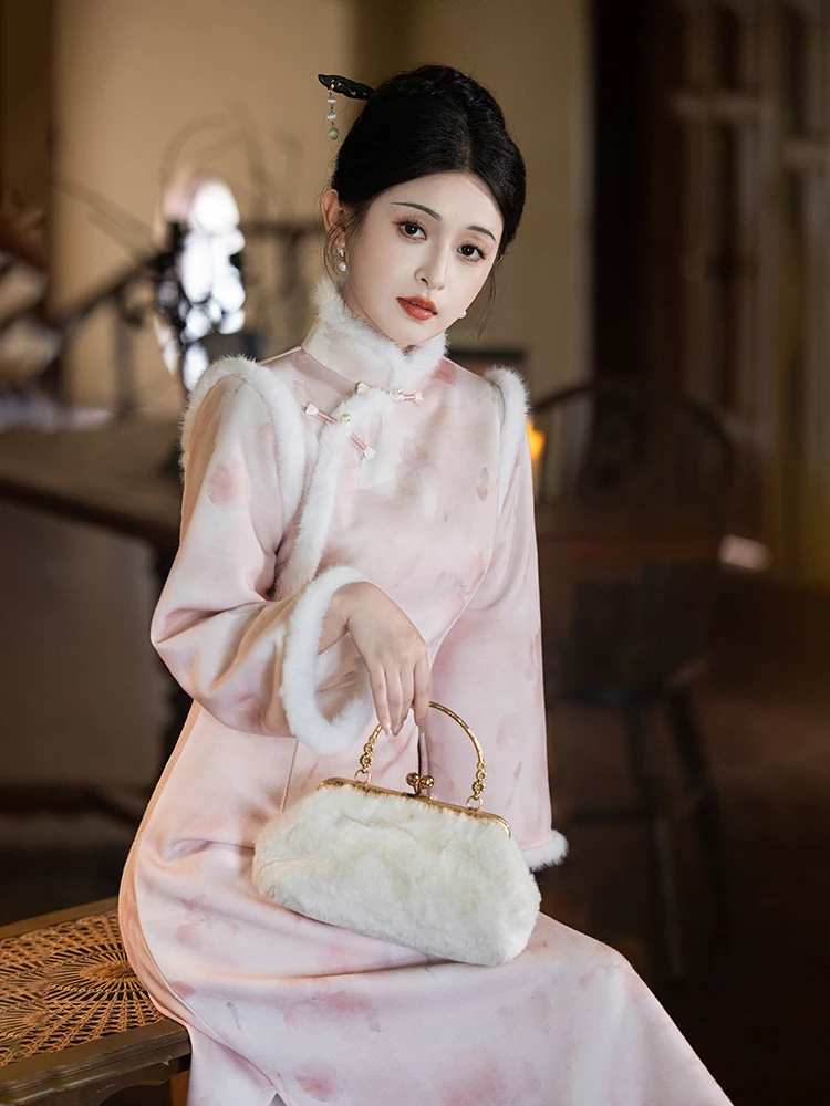 

Розовая длиннорукавная утепленная флисовая кофта в китайском традиционном стиле для повседневной носки, осень-зима, новинка XIJIXIYU