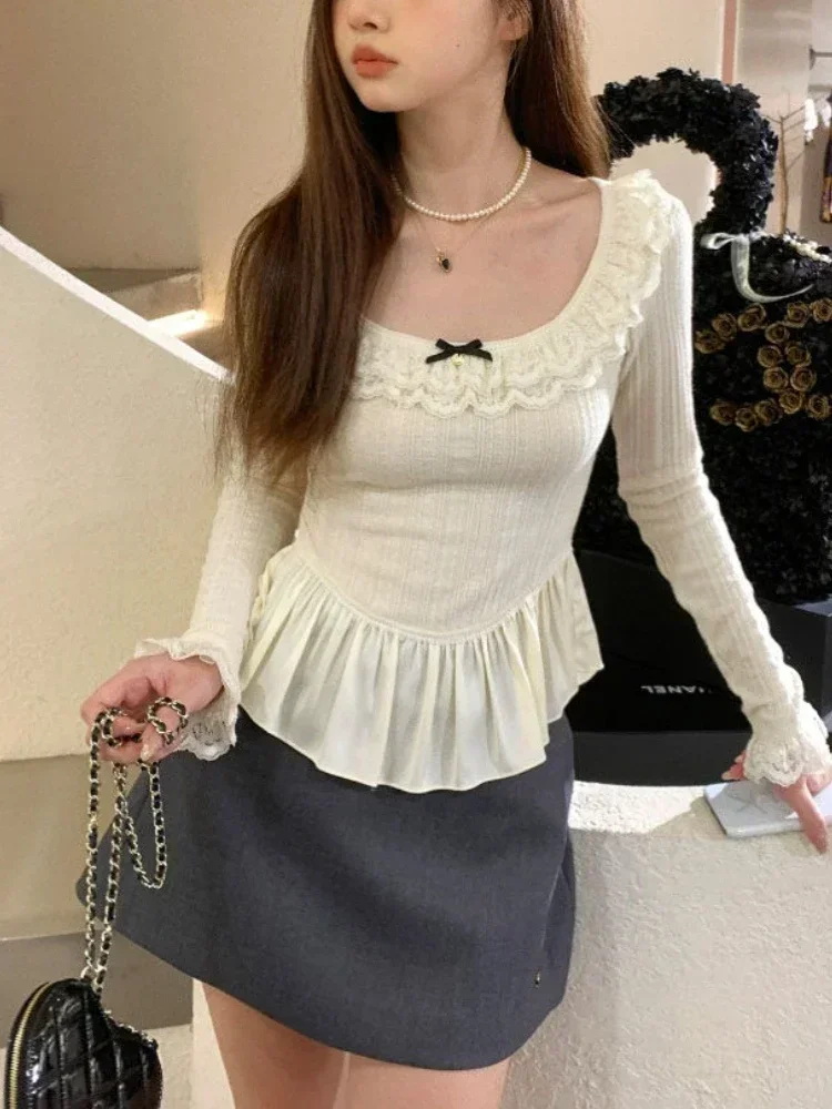 

Deeptown Coquette Korean Style White T-shirts Women Fairycore Cute Ruffles Long Sleeve Tees Y2k Sweet Slim Corset Tops Autumn