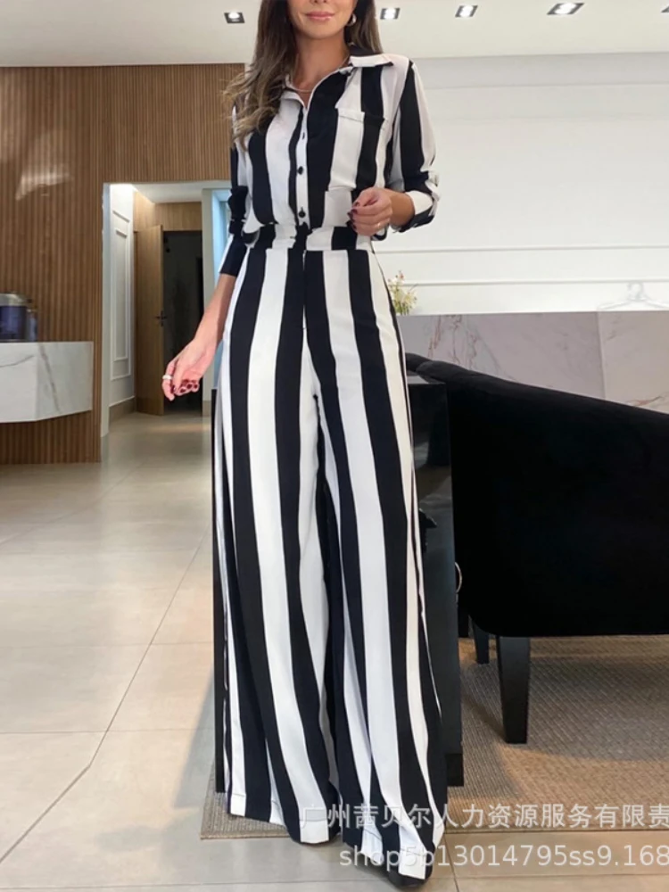 Two Piece Sets Women Striped Pants Set Elegant Turn Down Neck Full Sleeve Shirts Button High Waist Wide Leg Long Pants Casual