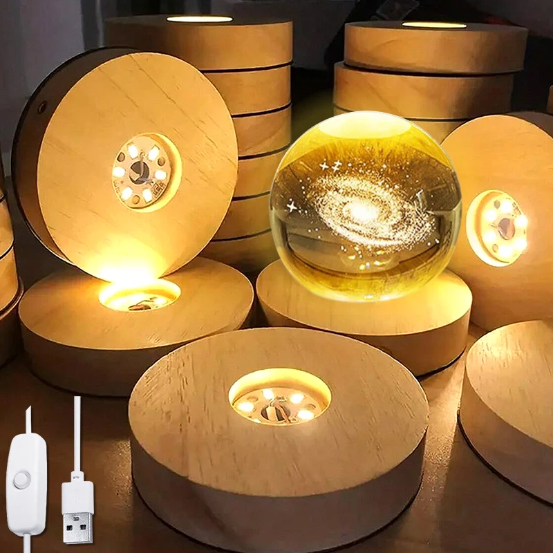 USB-Powered Wood Night Lights Base Circular Design Decorative Luminous Stand for LED Lights Resin Display Home LED Lamp Base