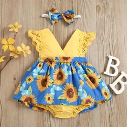 6 12 18 24 Months Newborn Baby Bodysuit Sets With Headband Sleeveless Sunflower Print Romper Infant Outfits Girl Summer Clothing