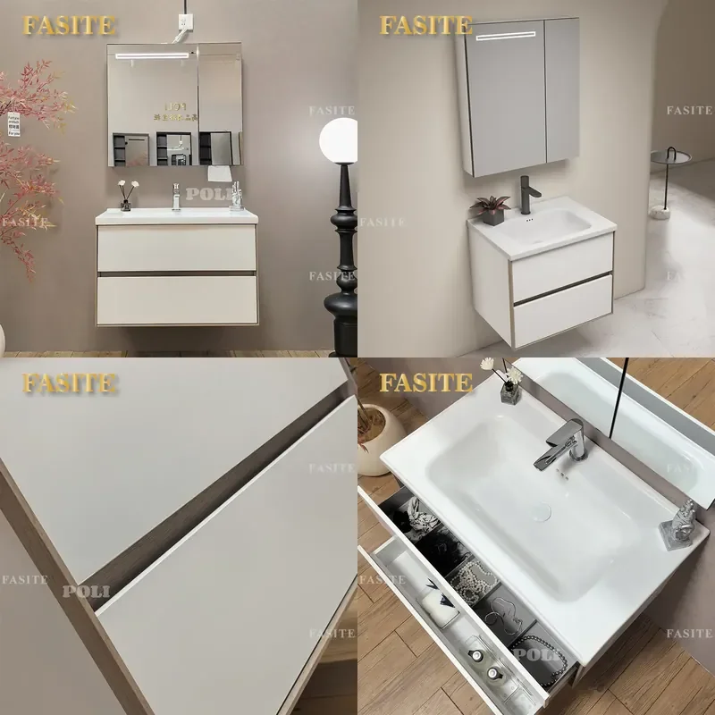 For Bathroom White Ceramic Basin Integrated Vanity Set with Storage Mirror Cabinet Light Luxury Wall Mounted Sink Combo Free