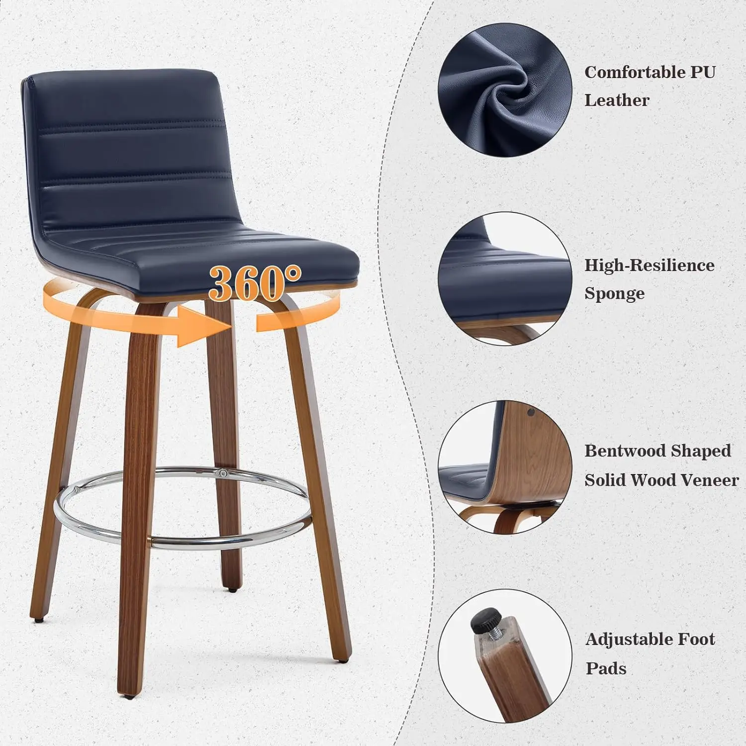 Bar Stools 26 Inch Counter Height, Set Of 2, PU Leather Swivel Counter Stools With Backs, L Shape Back And Bentwood, Customized