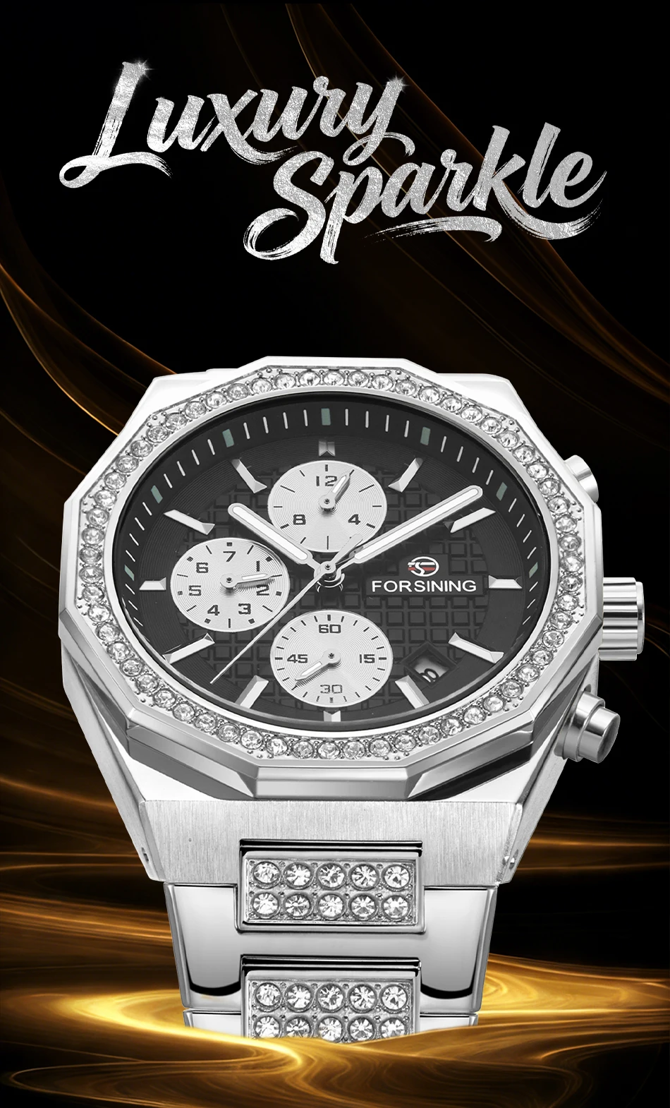 FORSINING Business Multi Dial Men Watches Automatic Mechanical Luminous Diamond Calendar Waterproof Stainless Steel Sporty Clcok