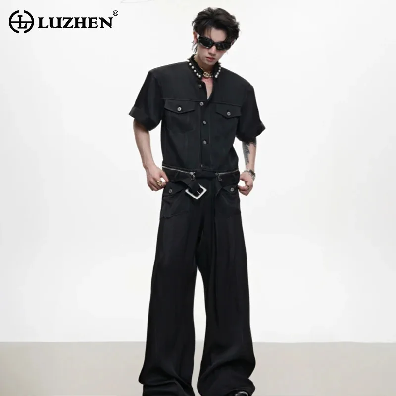 

LUZHEN 2025 Solid Color Pockets Decorate Short Sleeve Shirts Men's Summer Street Wear Loose Wide Leg Casual Pants Clothes JY2279