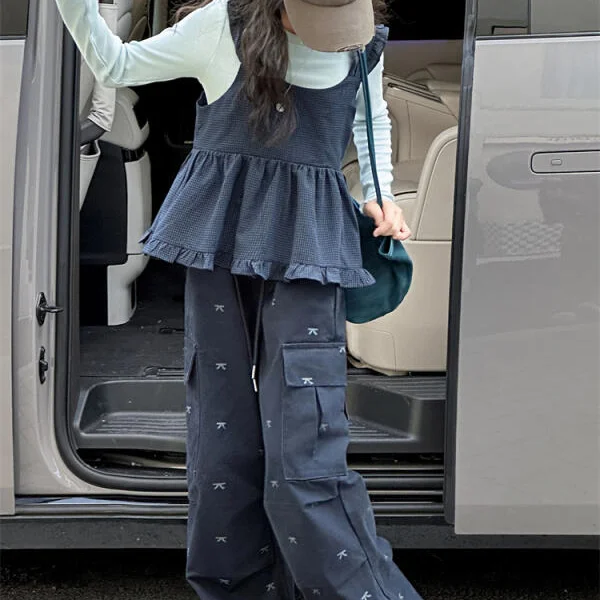 

Kawaii модная футболка для девочек, жилет, спортивный костюм, студенческий весенне-осенний повседневный топ с героями мультфильмов, брюки, комплект из 3 предметов, детская одежда