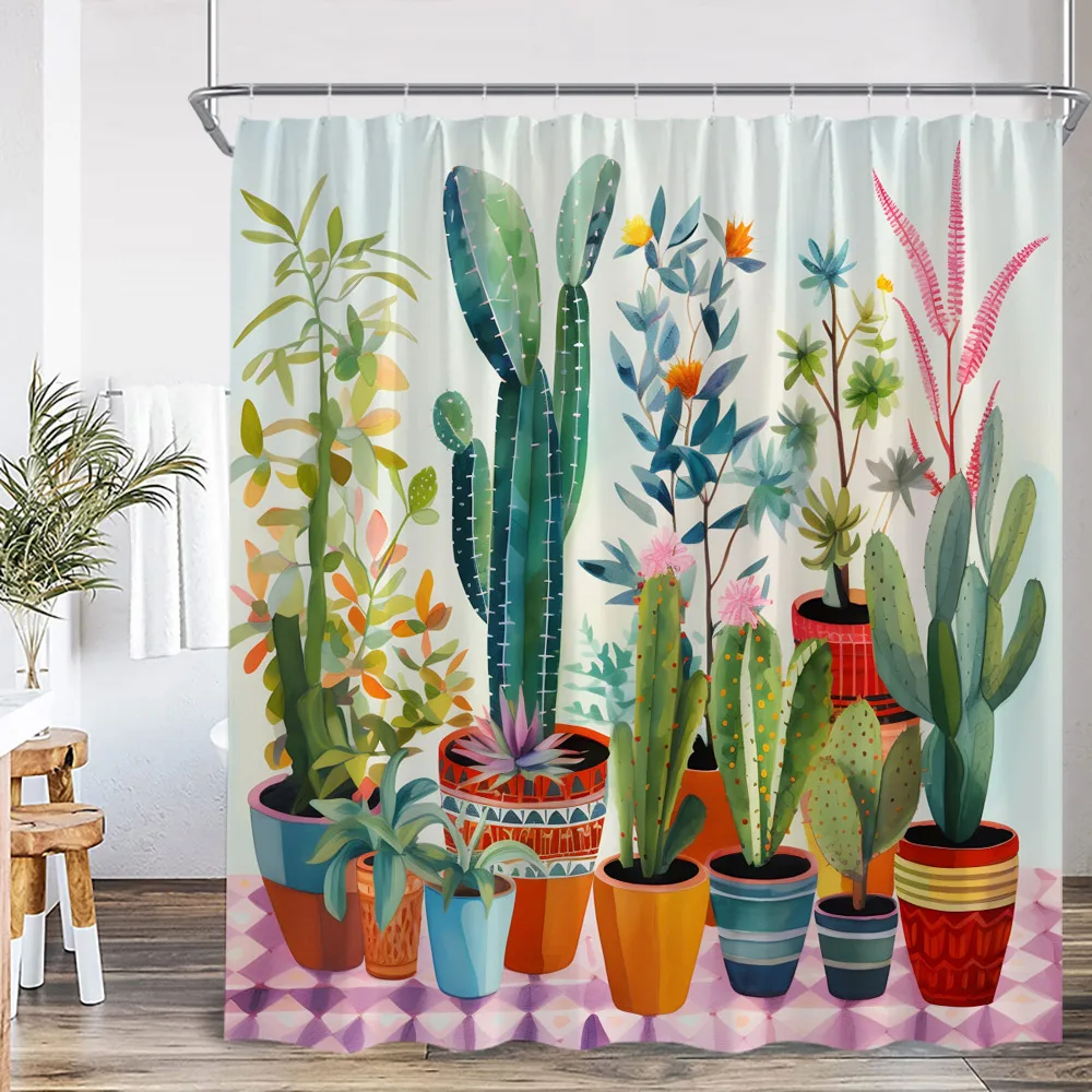 Cactus Shower Curtain Succulent Plant Green Plants Watercolor Greenery Bathroom Decor Summer Polyester Bath Curtain with Hook