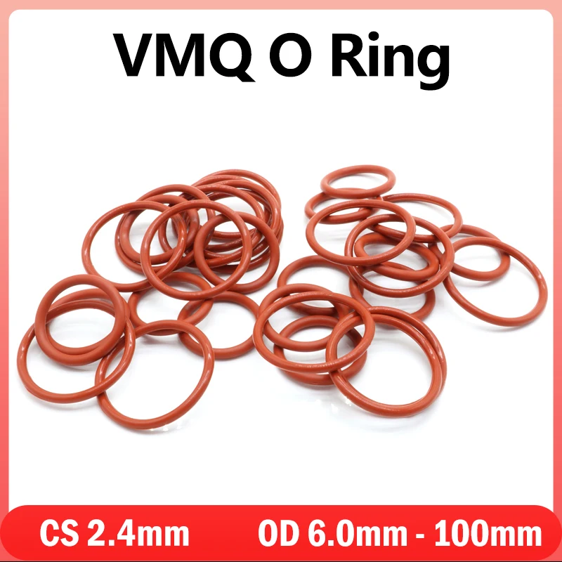 10/50pcs VMQ O Ring Gasket Thickness CS 2.4mm OD 6mm ~ 100mm Red Waterproof Washer Round O Shape Silicone Ring Food Grade