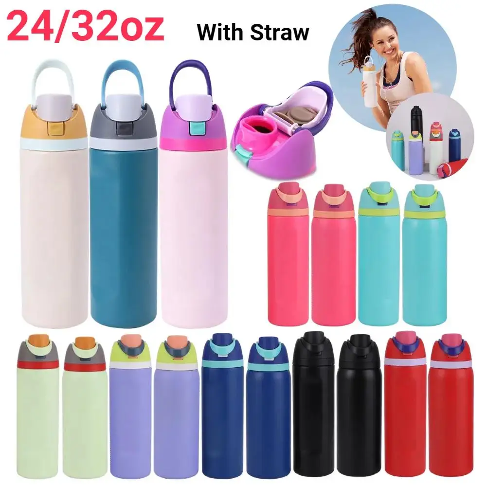 

24Oz 32 Oz Stainless Steel Insulated Water Bottle with Straw And Ribbons BPA-Free Sports Water bottle for Men and Women Portable