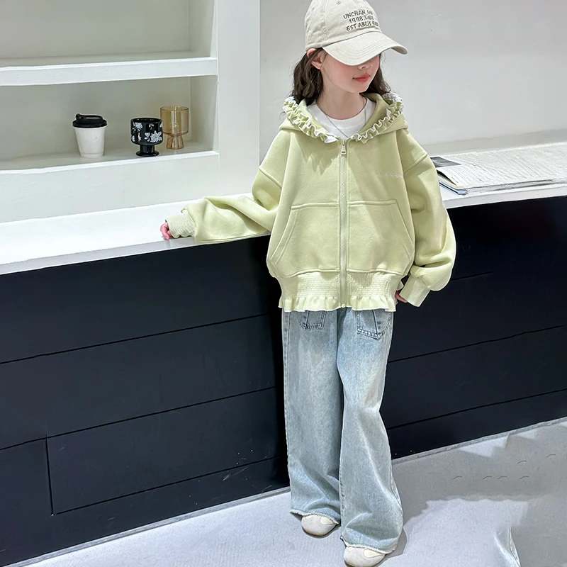 Girls Hooded Sweatshirt Spring Autumn 2026 New Style Sweet Cute Ruffle Trim Zip Up Coat with Pockets Children's Clothing