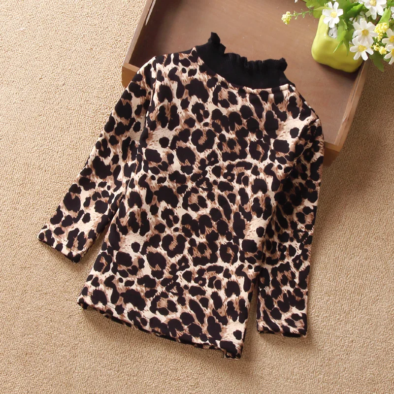 Baby top winter Children's clothing girls' turtleneck velvet bottoming shirt new leopard print soft waxy  jumper kids clothes