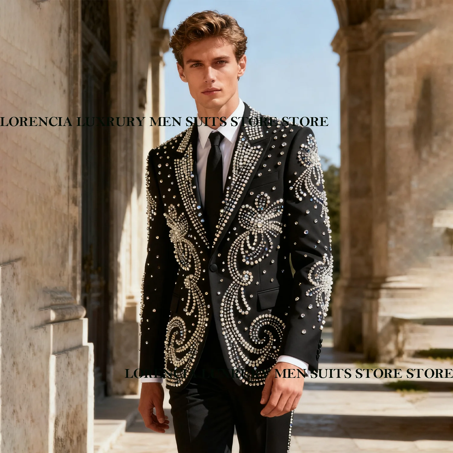 

Customized Diamond Suits Sparkly Rhinestone Handsome Men Groom Tuxedos 2 Piece Sets Male Party Prom Blazer Ropa Hombr