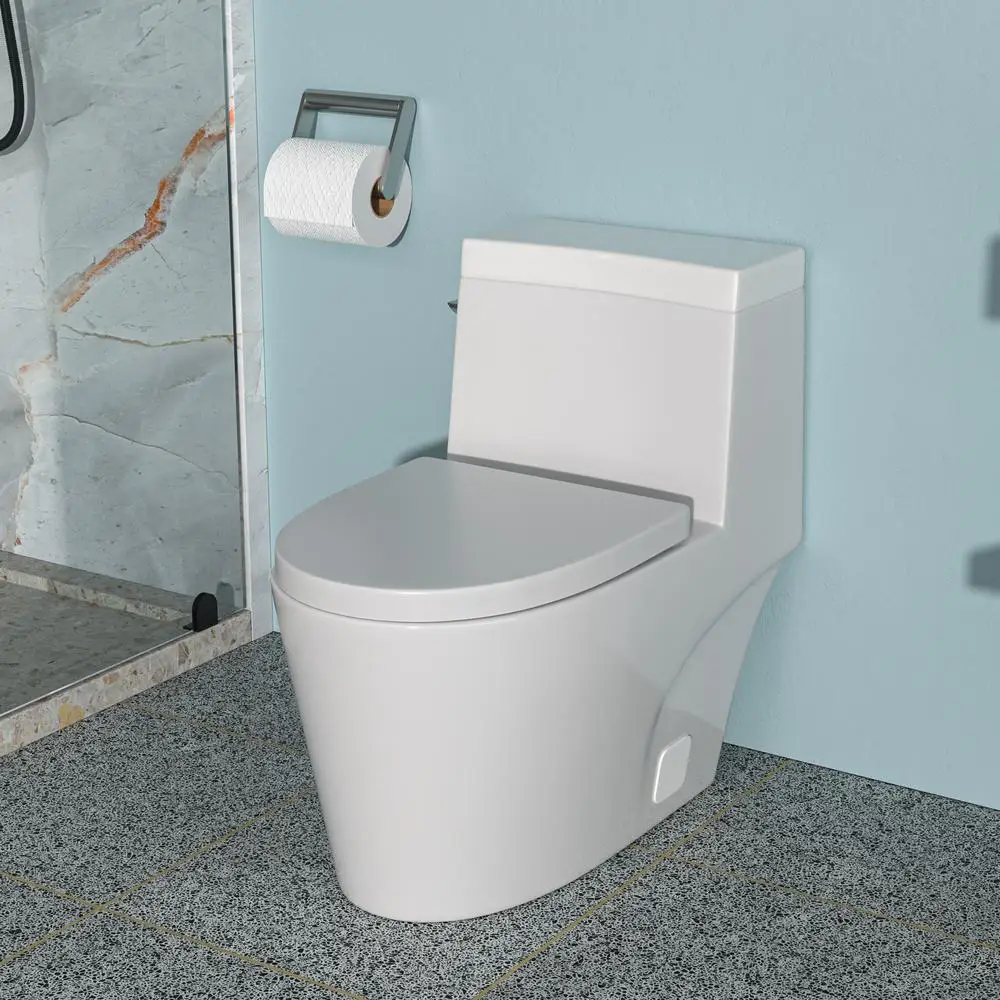 

One Piece Ceramic Toilet Single Flush with Soft Close Seat Comfort Height Skirted Trapway 360 Tornado Siphonic