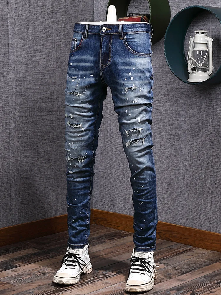 

Винтажные мужские джинсы с разбрызгами чернил и рваными заплатками, потертые пятна, ретро, эластичные узкие брюки