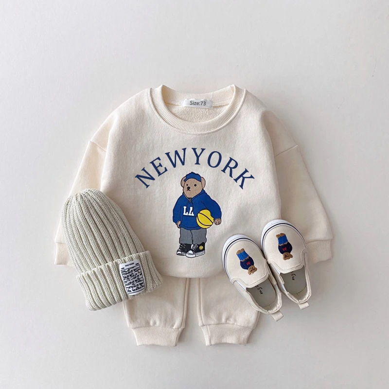 Korea 2024 Baby Boys Clothes Sets Kids Letter Bear Printed Long Sleeve Sweatshirt + Jogger Pants Set Baby Girls Sports Suit New